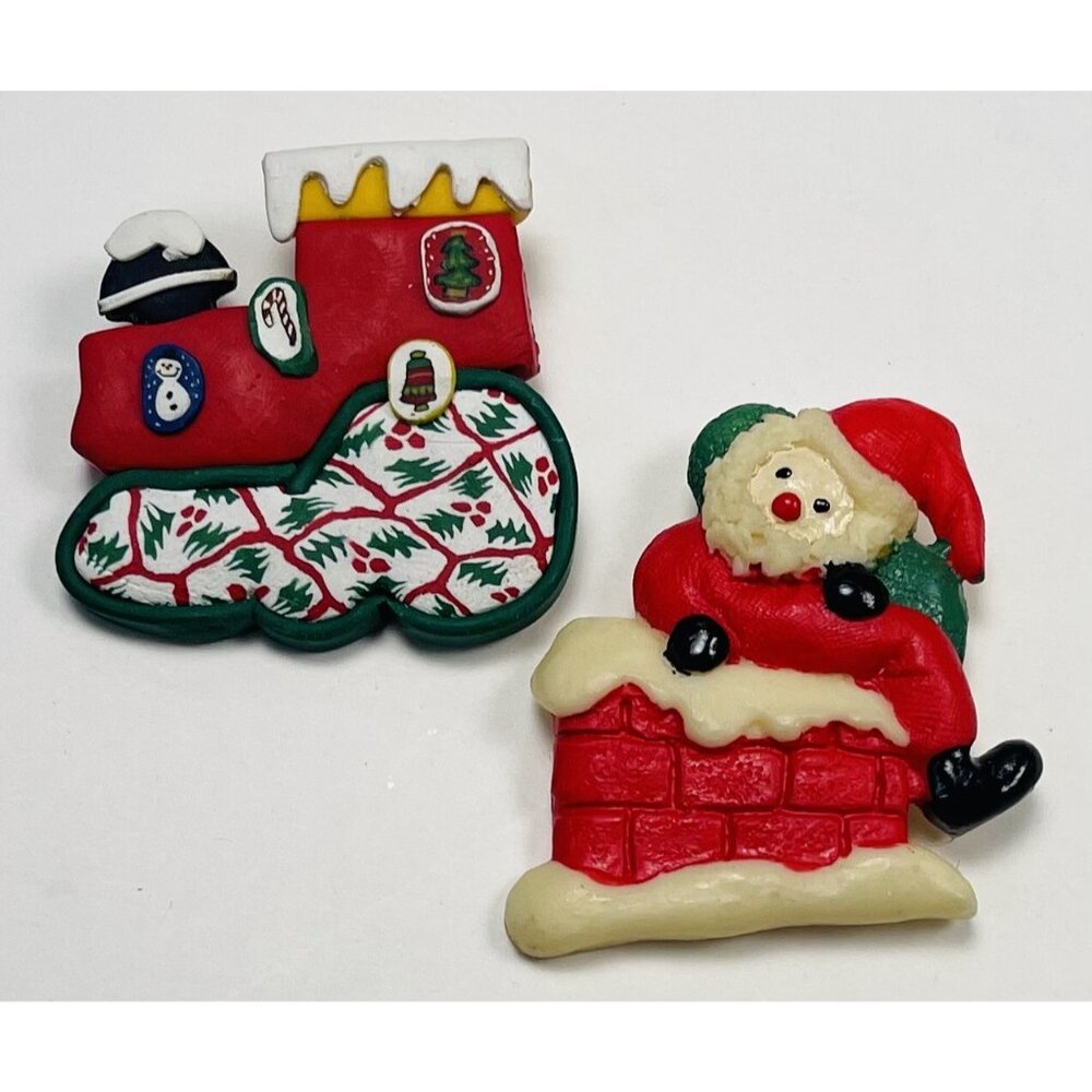 VTG Lot 2 Christmas Holiday BROOCHES Pins Train Santa Chimney Red 2" EUC